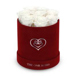 White roses in a red velvet hat box