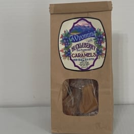 Boxed huckleberry caramel candies with a clear window