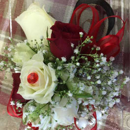 Bouquet of red and white roses with baby's breath and red ribbon
