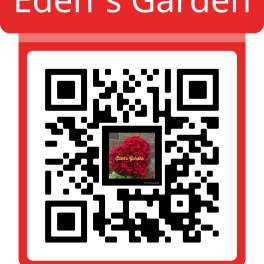 Red gift card with a QR code and Eden's Garden text