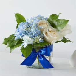 Blue hydrangeas and cream roses in a glass vase with a blue ribbon