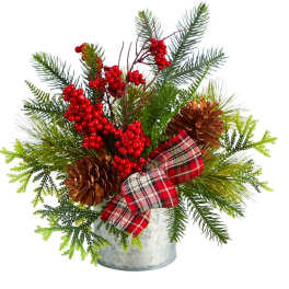 Holiday arrangement with pine branches, red berries, pinecones, and plaid ribbon in a metal bucket