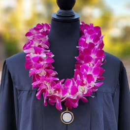 Pink orchid lei draped over a dark graduation gown
