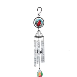 Decorative hanging wind chime with a red bird medallion and colored glass drop