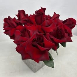Bouquet of red roses in a square vase
