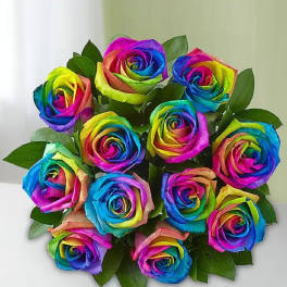 Bouquet of rainbow-colored roses with green leaves