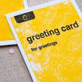 Yellow greeting cards with black text and white borders