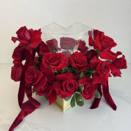 Red roses arranged in a clear geometric box with ribbon accents