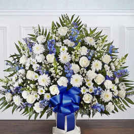 Heartfelt TributeBlue & White Floor Basket Arrangement