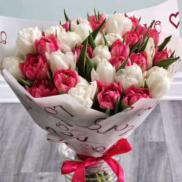 Bouquet of pink and white tulips in a glass vase with a red ribbon