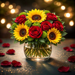 Bouquet of red roses and yellow sunflowers in a glass vase