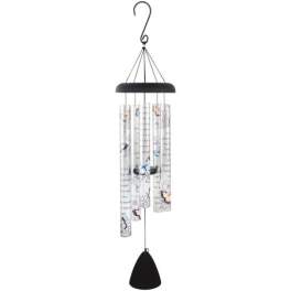 Hanging wind chime with butterfly-printed tubes and a black clapper