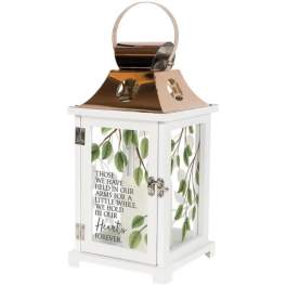 White memorial lantern with a gold top and leaf design
