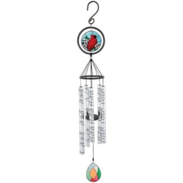 Hanging wind chime with a red bird stained-glass medallion