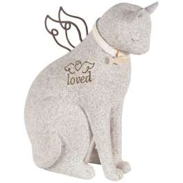 Gray cat figurine with angel wings and the word loved on its chest