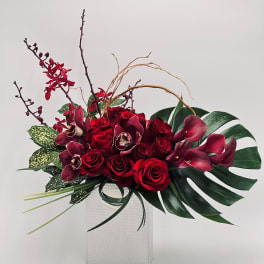 Red roses and burgundy orchids in a white vase