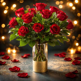 Bouquet of red roses in a clear glass vase with petals scattered around it
