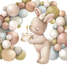 Illustration of a bunny holding a small cake with pastel balloon arch