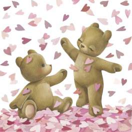 Two teddy bears surrounded by pink heart confetti