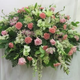 Green Hydrangea, Pink roses and orchids Casket Spray