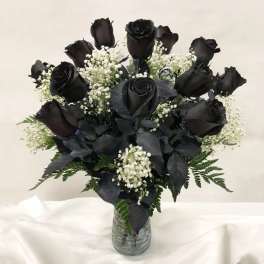 Bouquet of black roses and white baby's breath in a clear glass vase