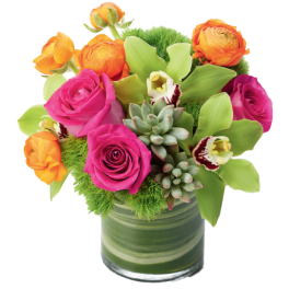 Pink roses and orange ranunculus in a glass vase with succulents