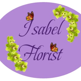Purple florist logo with green orchid sprays and butterflies