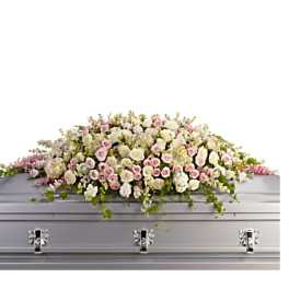 Funeral Casket with White and Pink Roses