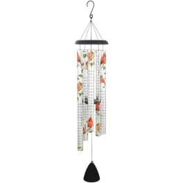 Hanging wind chime with printed bird-themed tubes and a black clapper