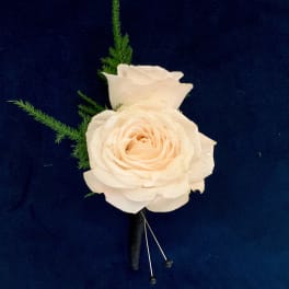 Single cream rose boutonniere with green sprigs on a dark background