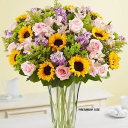 Bouquet of pink roses, sunflowers, and purple flowers in a clear glass vase