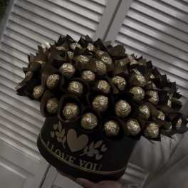 Heart-shaped box of Ferrero Rocher chocolates with a "I LOVE YOU" design