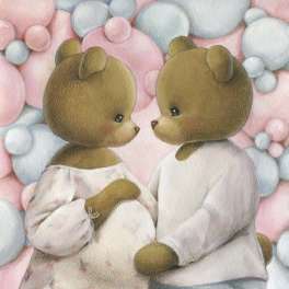 Two teddy bears in pastel clothes face each other against a pink and blue bubble background.