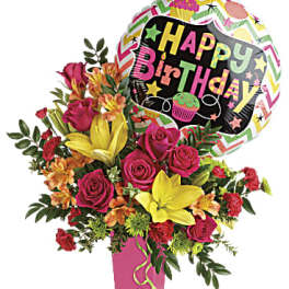Birthday bouquet with roses, lilies, and a Happy Birthday balloon