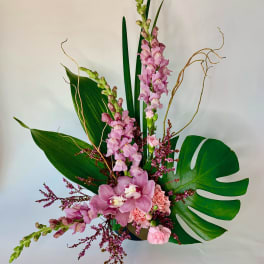 Pink orchid arrangement with tropical leaves and curly branches