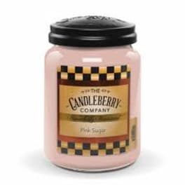 Pink jar candle with a black lid and printed label