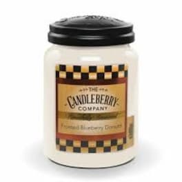 White jar candle with a black lid and blueberry label