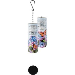 Two hanging memorial wind chimes with butterfly and flower designs