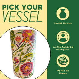 Floral-patterned vase with text on a green and yellow background