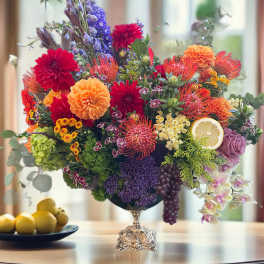 Colorful mixed flower arrangement in a silver pedestal vase