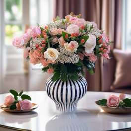 Pink and white rose arrangement in a striped ceramic vase