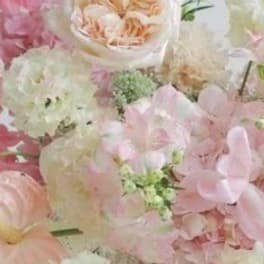 Soft pink and white flowers arranged in a pastel bouquet
