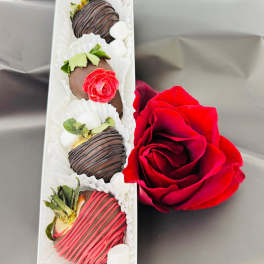 Box of chocolate-covered strawberries beside a red rose