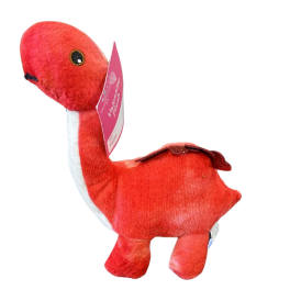 Red plush dinosaur toy with a tag on a white background
