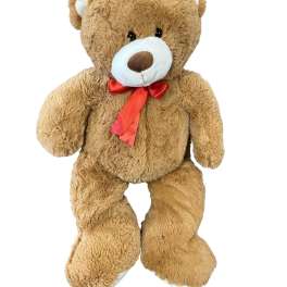Brown teddy bear with a red ribbon bow on a white background