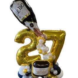 Gold 27 balloon arrangement with birthday-themed balloons
