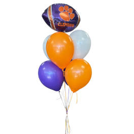 Cluster of Clemson-themed balloons in purple, orange, and white