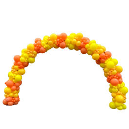 Yellow and orange balloon arch on a white background