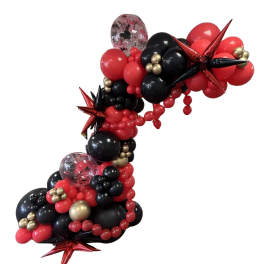 Red, black, and gold balloon arch with star balloons