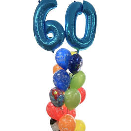 Cluster of birthday balloons with large blue "60" numerals